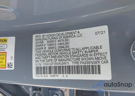 2021 Honda Accord Sport 2.0T from USA, damaged, VIN 1HGCV2F35MA024615